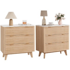 32" Fluted Nightstand Set of 2 - Oak Modern Bedside Tables with Faux Marble Top & 3 Drawers (Curved Profile End Tables for Bedroom/Living Room) - 1 of 4