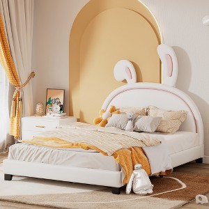 Full Size Upholstered Leather Platform Bed with Rabbit Ornament - 1 of 4