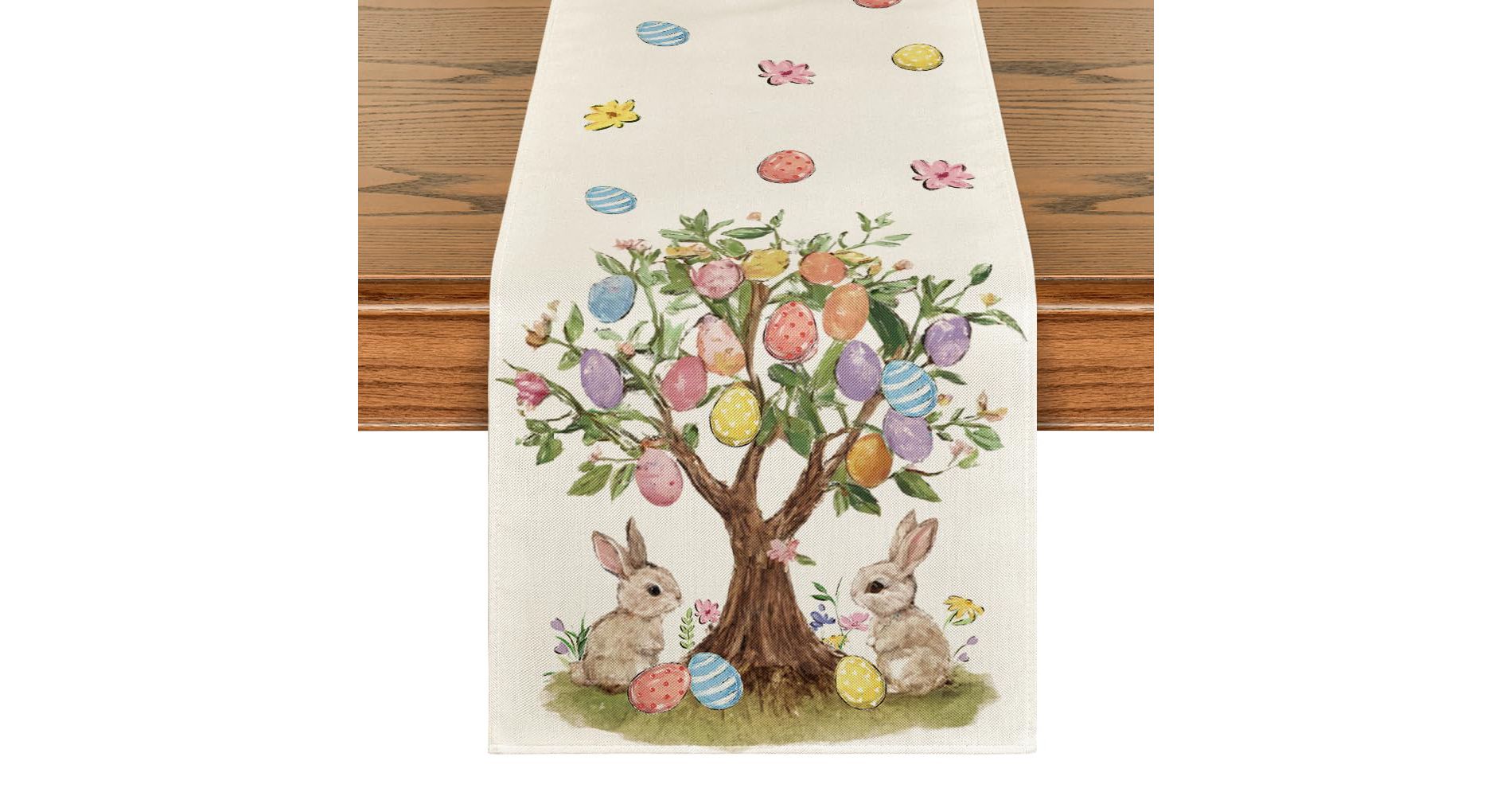 Bunny Rabbit Eggs Tree Easter Table Runner, 13x71 Inch