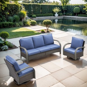 POCASSY 3 Pieces Patio Sofa Set, Patio Furniture Set with Patio Couch and Swivel Patio Chair, Metal Armrest All Weather Wicker Patio Set for Porch - 1 of 4