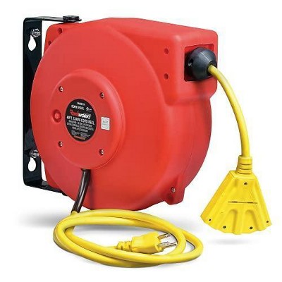 ReelWorks Mountable Retractable Extension Cord Reel - 12AWG x 40' Ft, 3 Grounded Outlets, Max 15A