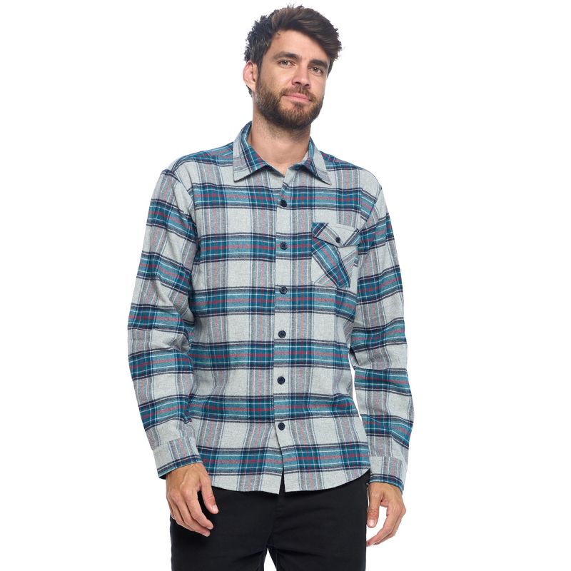 Ashford & Brooks Mens Flannel Button Down Plaid Long Sleeve Casual Shirt - Grey Red Teal Plaid - Small