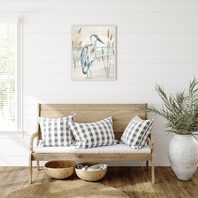 Heron by Beach Grass Nautical Canvas Framed Wall Art