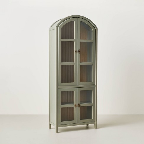Grooved Wooden with Glass 4-Door Arch Cabinet - Sage Green - Hearth ...