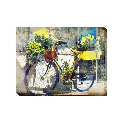 Cottage Garden West of The Wind Blue and Yellow Bike Yellow, Blue, Brown 40 x 30 Inch Waterproof Gallery Wrapped Canvas, Outdoor Garden, Yard, Patio