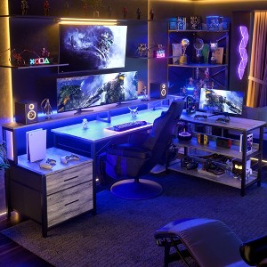 Besiost 66"-73" Reversible L-Shaped Desk with Charging Station, Home Office Computer Desk with LED Lights & Drawers - 1 of 4