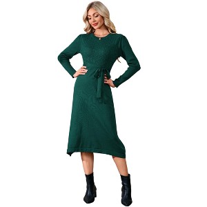 Women's Ribbed Knit Midi Dress Casual Long Sleeve Crewneck Sweater Dress with Belt - 1 of 4