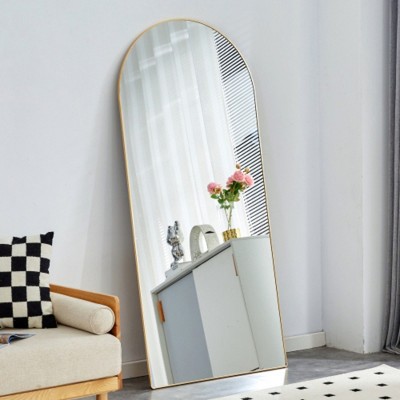Arched Metal-Framed Full-Length Floor Mirror with Bracket, Bathroom Makeup Use