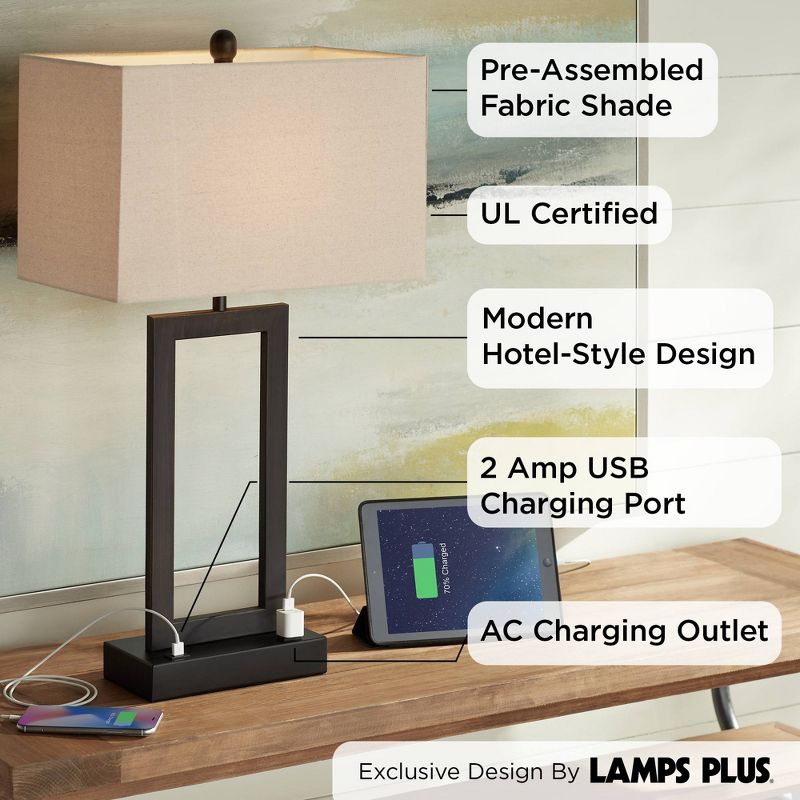 360 Lighting Todd Modern Table Lamp 30" Tall Bronze Rectangular with USB and AC Power Outlet in Base Oatmeal Fabric Shade for Living Room Office House, 3 of 11
