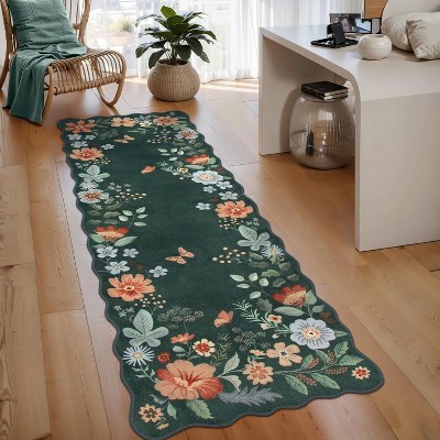 Floral rug (2'x6') for hallway, kitchen rug, ultra-thin soft, non-slip, washable, stain-resistant, bohemian style velvet rug