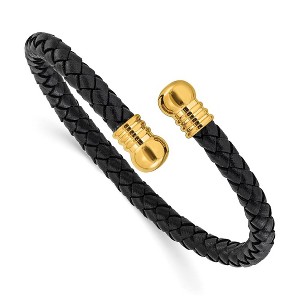 Chisel Stainless Steel Polished Yellow IP-plated Black Leather Flexible Cuff Bangle - 1 of 4