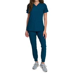 Medgear Fleur Women's Stretch Scrub Set with Zip Chest Pocket Top and Knit Rib Cuffs Jogger Pants - 1 of 4
