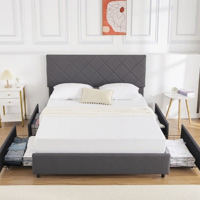 Whizmax Bed Frame Upholstered Bed Frame Platform with 4 Storage Drawers (Dark Grey)
