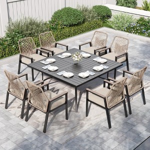 Captiva Designs 9pc Patio Dining Set with Spacious Slat-top Square Metal Table & Beige Rattan Chairs - 1 of 4