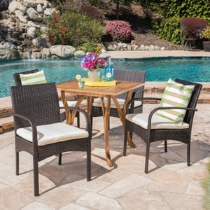 Christopher Knight Home Hartford Outdoor Acacia Wood and Wicker 5 Piece Dining Set with Cushions - 1 of 4