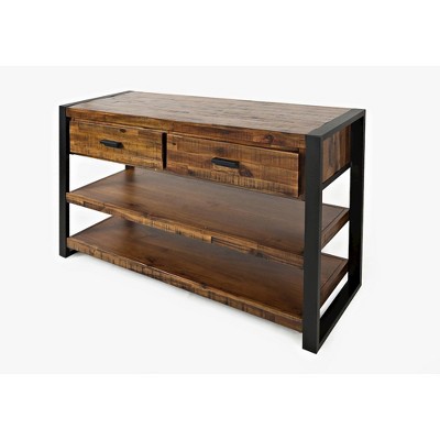 Industrial Brown Acacia Wood and Metal Console Table with Storage