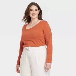 Women's Plus Size Long Sleeve Asymmetrical Top - A New Day™ Orange 4X