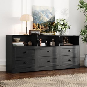 6 Drawer Dresser for Bedroom with Power Outlets & LED Light,Slim Wooden Chest of Drawers with Open Shelf - 1 of 4