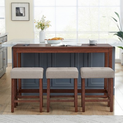 PDTEND 59" 4-Piece Dining Set with Power Outlet & 3 Upholstered Stools - For Kitchen, Living Room and Dining Room