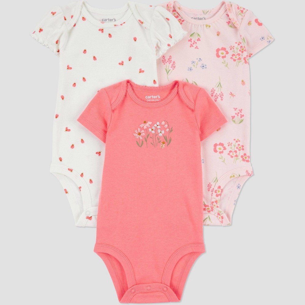 Carter's Just One You®️ Baby Girls' 3pk Bodysuit - Pink/Coral Newborn: Cotton, Floral Pattern, Short Sleeve -  92798868