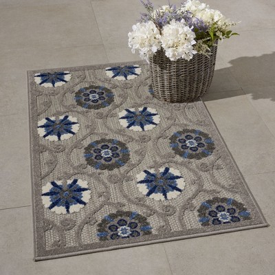 Aloha Floral Bloom Grey/Blue Synthetic 2'8" x 4' Indoor/Outdoor Rug