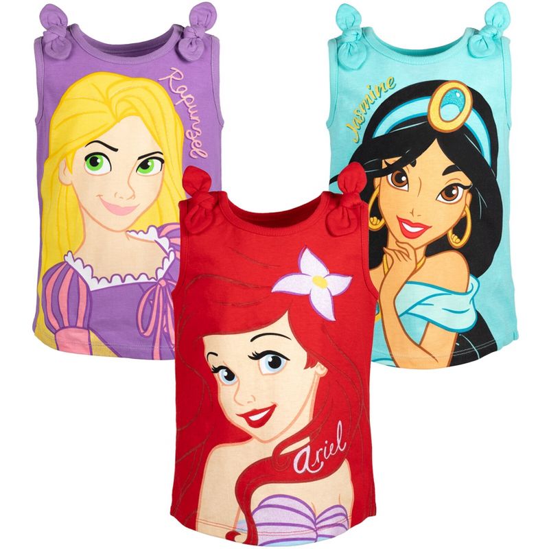 Disney Princess Cinderella Belle Moana Ariel Rapunzel Jasmine Baby Girls 3 Pack Tank Tops Infant to Little Kid, 1 of 8