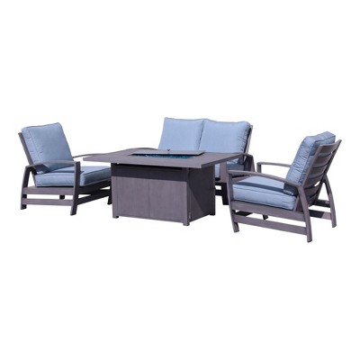 Courtyard Casual Cabo 4 pc Loveseat Fire Pit Set  Includes: One Loveseat, One Fire Pit and Two Club Chairs  Aluminum Frame with Sunbrella Cushions