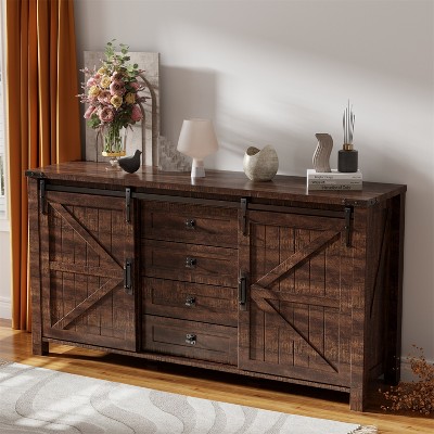 SinCiDo Farmhouse 60"Dressing Table with Sliding Barn Door and 4 Drawers,Drawer Cabinet Living Room,Bedroom,Coffee Bar