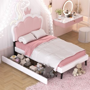 Platform Bed Frame Twin Size With Crown-Shaped Upholstered Headboard, 2 Underbed Storage Drawers, White, Twin - 1 of 4