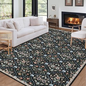 Washable Vintage Floral Rug Non Slip Low Pile Rug Soft Distressed Throw Floor Cover Foldable Indoor Carpet for Living Room Bedroom Playroom Nursery - 1 of 4