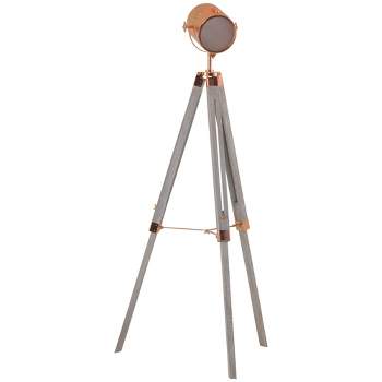 HOMCOM Vintage Tripod Floor Lamp, Height Adjustable Nautical Spotlight with Wood Legs, E12 Lamp Base for Living Room, Bedroom, Gray and Rose Gold