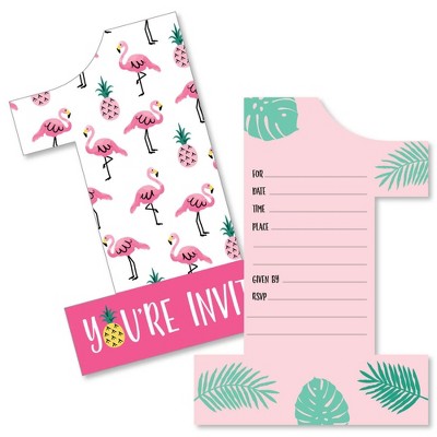 Big Dot of Happiness 1st Birthday Pink Flamingo - Pineapple - Shaped Fill-in Invites - First Birthday Party Invite Cards with Envelopes - Set of 12