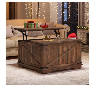 Farmhouse Square Lift-Top Coffee Table With Flip Top Storage For Living Room Wood Center Table with Large Hidden Storage Brown