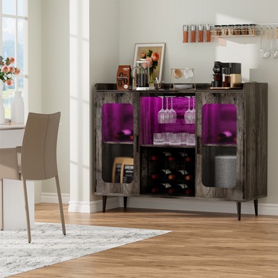Aheaplus Sideboard Buffet with Charge Station and LED Light, Farmhouse Bar Cabinet with Wine Holder