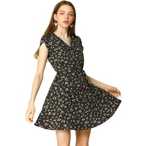 Allegra K Women's Boho Crossover V Neck Petal Sleeves Belted Floral Flowy Dress - 1 of 4