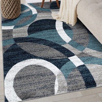 Blue Geometric Circles Stain-Resistant Area Rug 5'3" x 7'3"