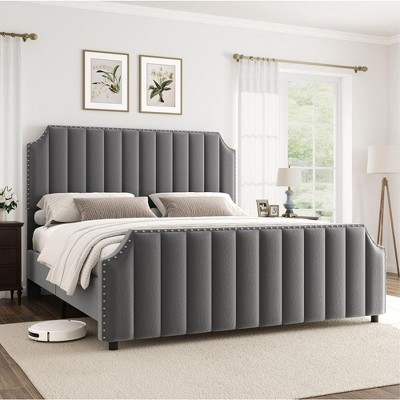 Velvet Upholstered Platform Bed Frame with 50.2" Headboard, Vertical Channel Tufted Design, Nailhead Trim and Footboard, No Box Spring Required.