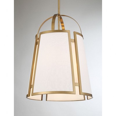 Warm Brass 4-Light Pendant with White Linen Shade