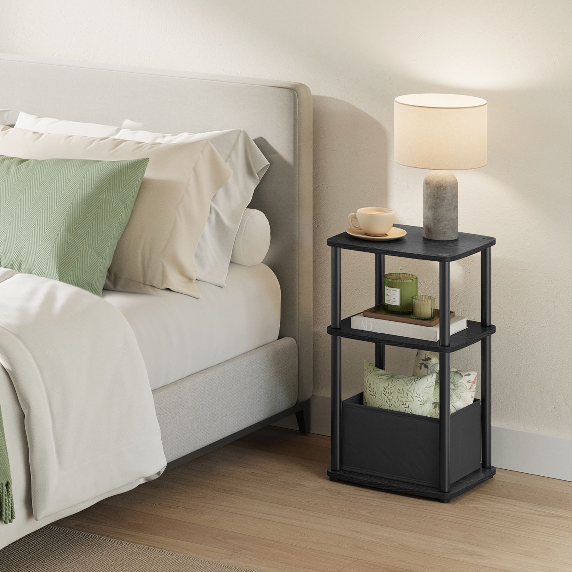 3-Tier End Table with Fabric Basket, Steel Frame Nightstand, Toolless Assembly Storage Side Table for Bedroom, Living Room, Modern Design