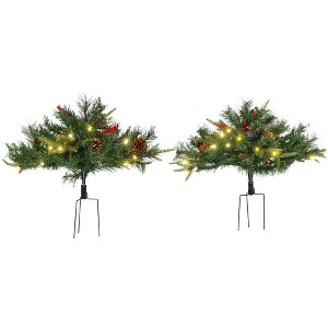 HOMCOM 2 FT 2 Pack Prelit Artificial Christmas Tree Cordless 69 Branches, Warm White LEDs, Red Berries, Pine Cones, Outdoor Entryway, Green - 1 of 4