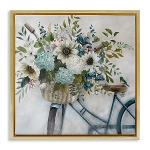 Stupell Industries Floral Bike Basket Floating Frame Canvas Art, Gold, 18" x 18" - 1 of 4