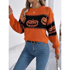 Coolmee Halloween Sweaters for Women Funny Long Sleeve Knitted Pullover Sweater Crew Neck Shirts Fall Outfits - 1 of 4