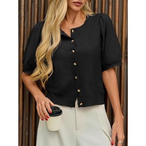 Womens Puff Short Sleeve Cardigan Lightweight Summer Button Down Shirts Knit Crew Neck Sweater Tops - 1 of 2