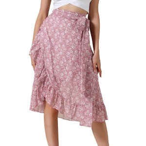 INSPIRE CHIC Women's High Waist Floral Summer Casual Ruffle Hem Tie Knot Lined A-Line Midi Skirts - 1 of 4