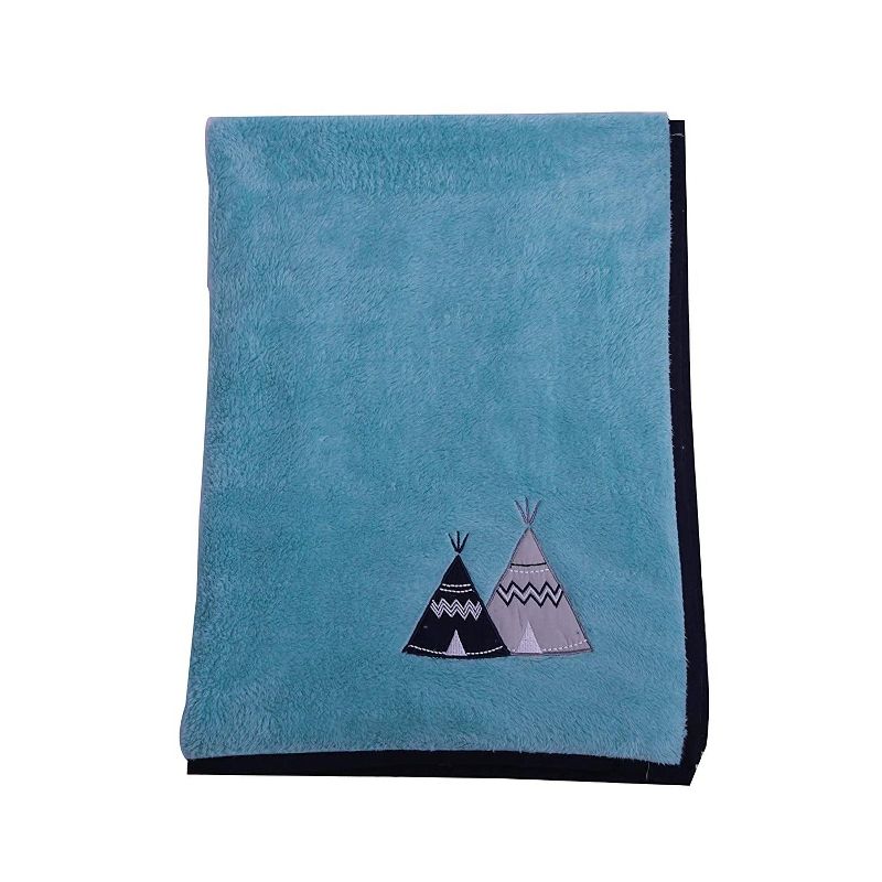 Bacati - Woodlands Aqua with Navy Border Tee Pee Embroidered Baby Plush Blanket, 1 of 5
