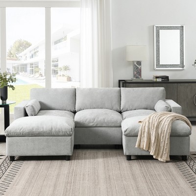 Whisen Modern Design Chenille Modular Sectional Sofa with Storage Pockets, Pillows and 2 Movable Ottomans