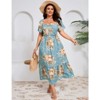 Coolmee Women Plus Size Boho Floral Smocked Square Neck Short Sleeve Ruffle A Line Maxi Dress - 3 of 4
