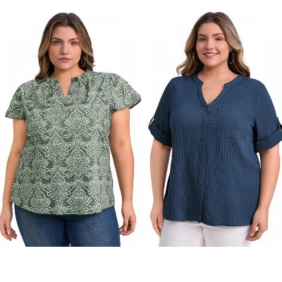 GRACE & GRANDEUR Women's Plus Size 2 Pcs Set Textured Button Down Shirts and Floral Printed Casual Blouses