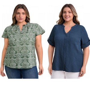 GRACE & GRANDEUR Women's Plus Size 2 Pcs Set Textured Button Down Shirts and Floral Printed Casual Blouses - 1 of 4