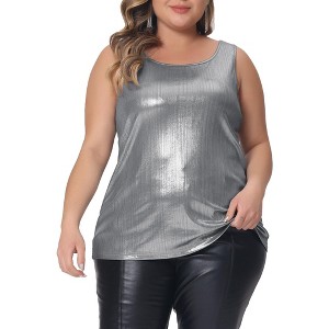 Agnes Orinda Women's Plus Size Shiny Metallic Round Neck Sleeveless Party Tank Tops - 1 of 4